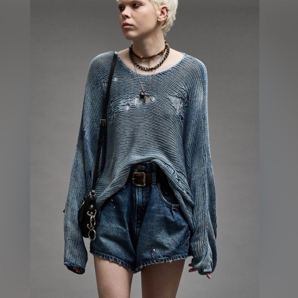 R13 Distressed Boyfriend Crewneck Sweater in Indigo Blue Size XS - Picture 2 of 13